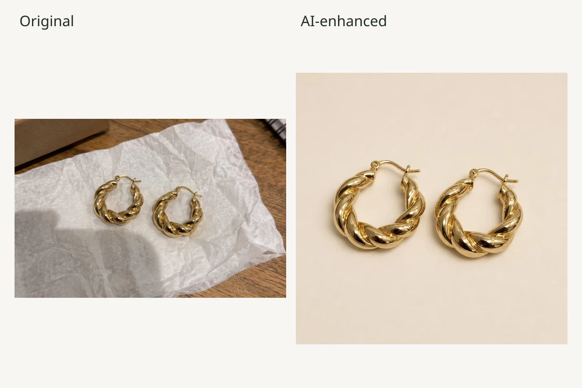 Before and after: gold-tone twisted earrings on a cluttered surface, then against a neutral studio background with improved framing